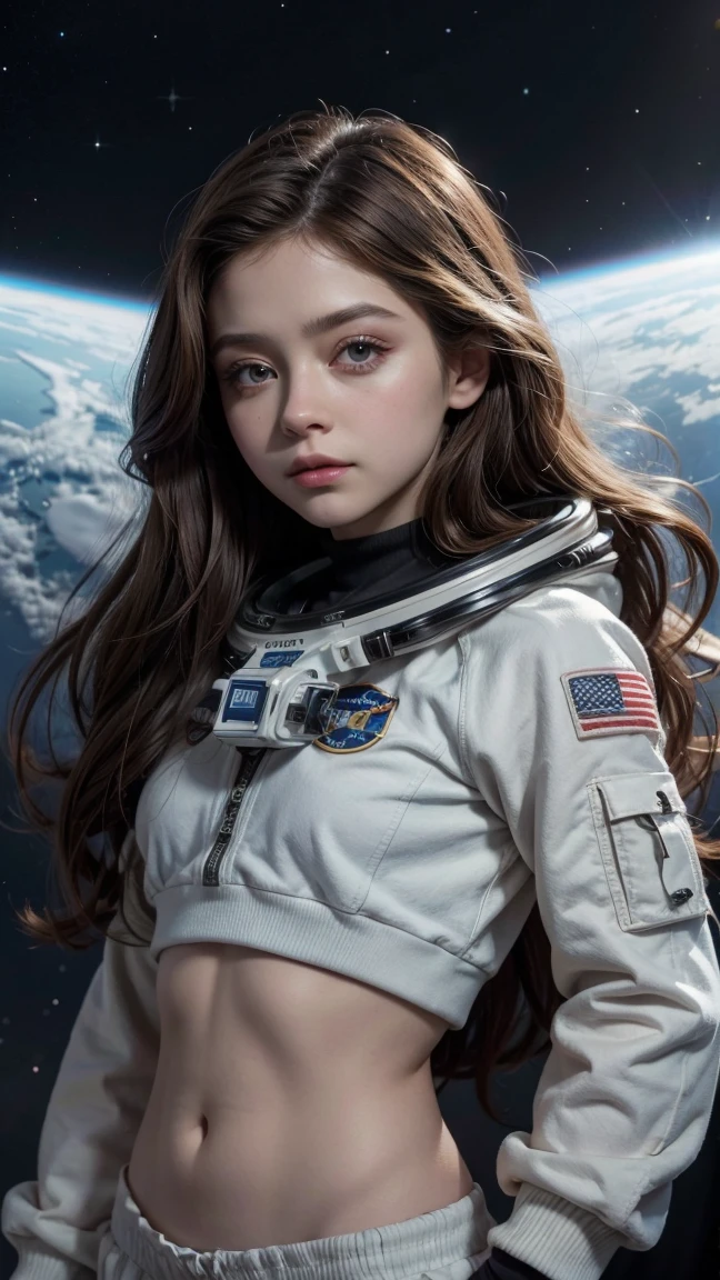 Karol Sevilla, High quality ultra-realistic image of a girl, beautiful, cara beautiful, dark brown hair, long hair, small breasts, medium hip, well detailed girl body, perfect body, high quality details, spaceship mechanics, astronaut suit, space, stars, kites , Planets