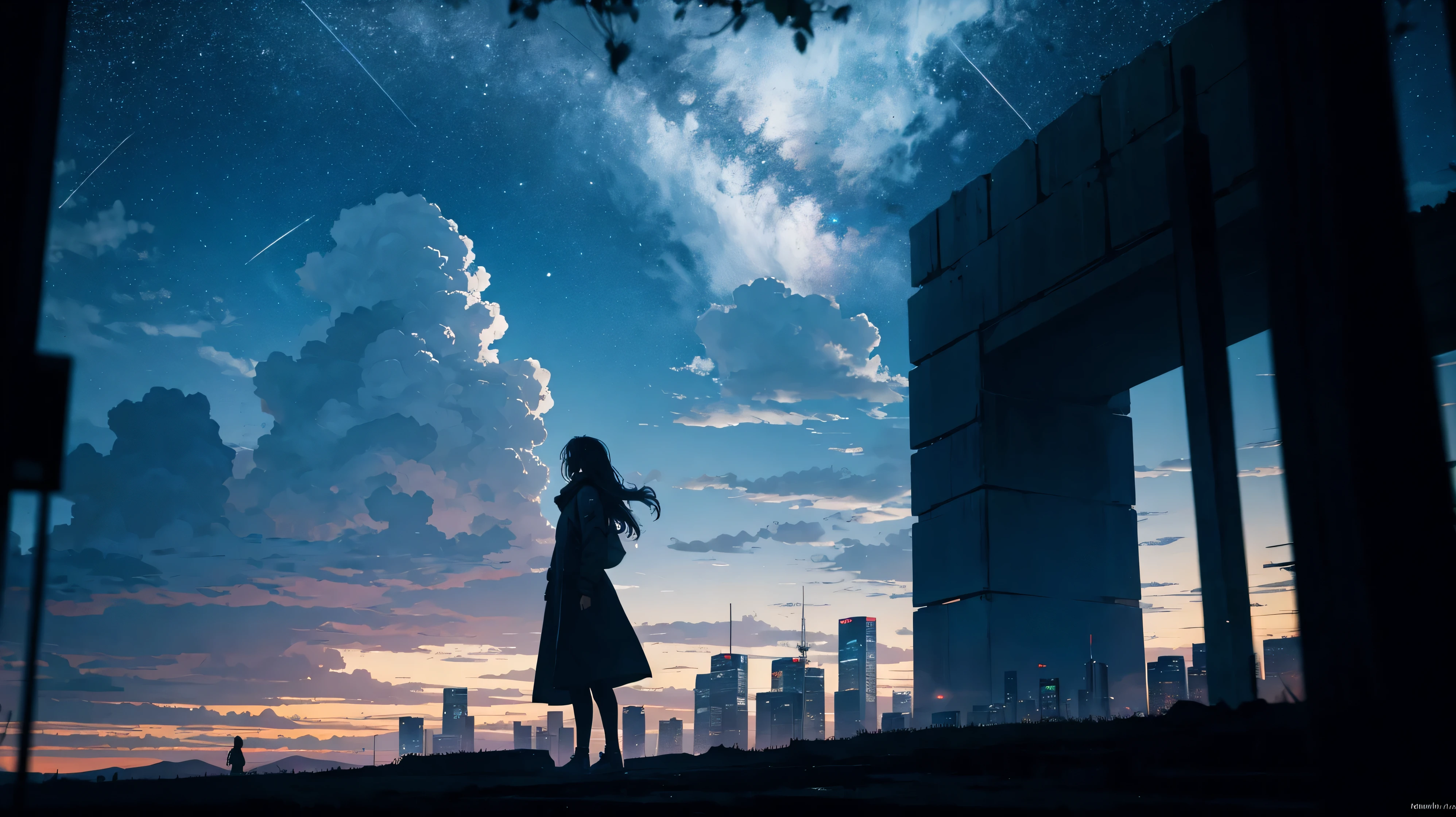 octane, Sky, Star (Sky), landscape, Starry Sky, night, 1 Girl, night Sky, Solitary, outdoor, architecture, cloud, Milky Way, sit, Tree, Long hair, City, contour, Cityscape