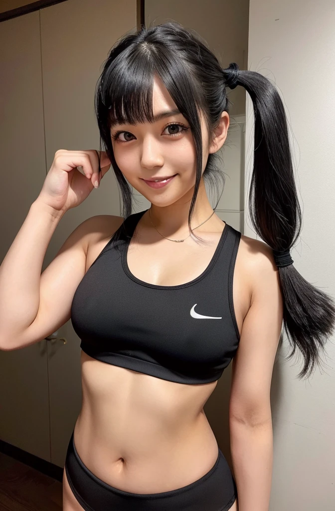 (vulgar),Just the right kind of 25-year-old japanese、black Hair Color,seductive grin smug,close mouth,twin tail,sports bra,