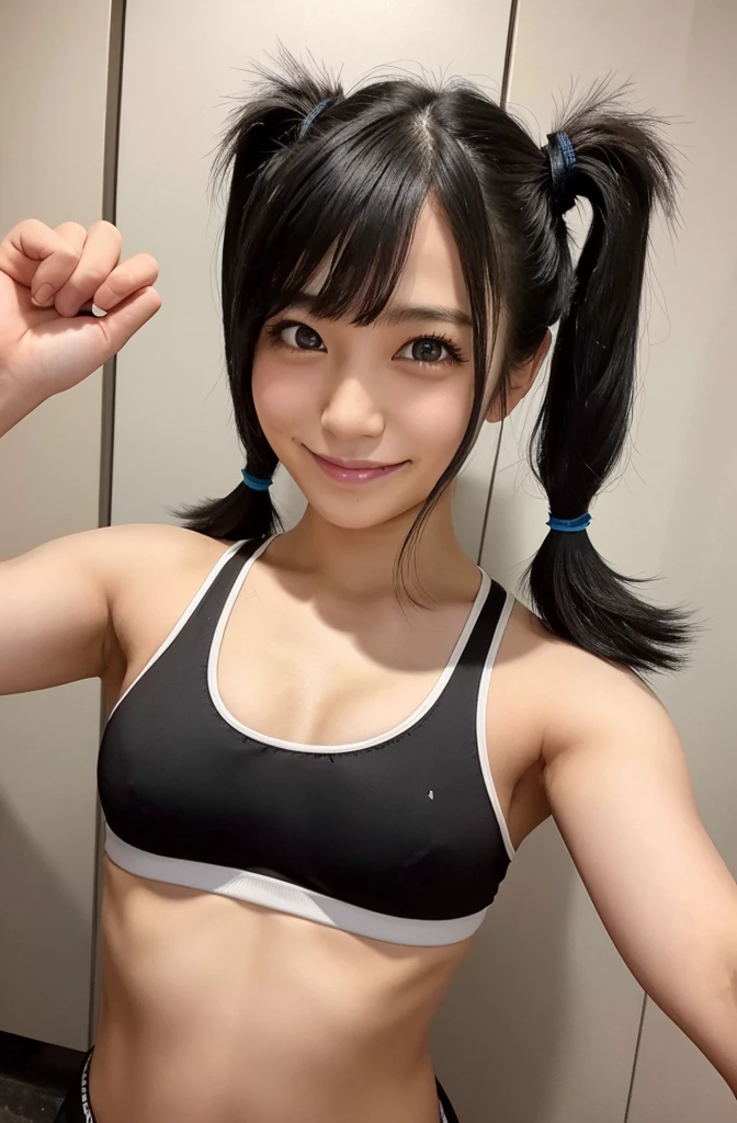 (vulgar),Just the right kind of 25-year-old japanese、black Hair Color,seductive grin smug,close mouth,twin tail,sports bra,