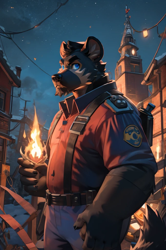 hyena, scruffy fringe, navy blue collar, blue eyes, good eyes, team fortress 2 style, dressed as pyro form team fortress 2