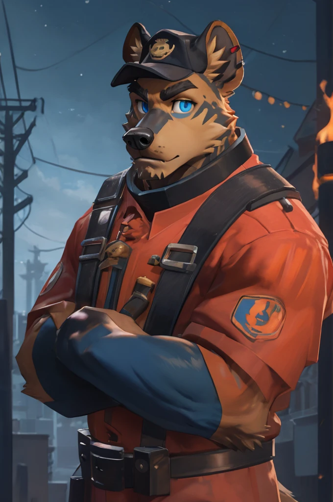 hyena, scruffy fringe, navy blue collar, blue eyes, good eyes, team fortress 2 style, dressed as pyro form team fortress 2