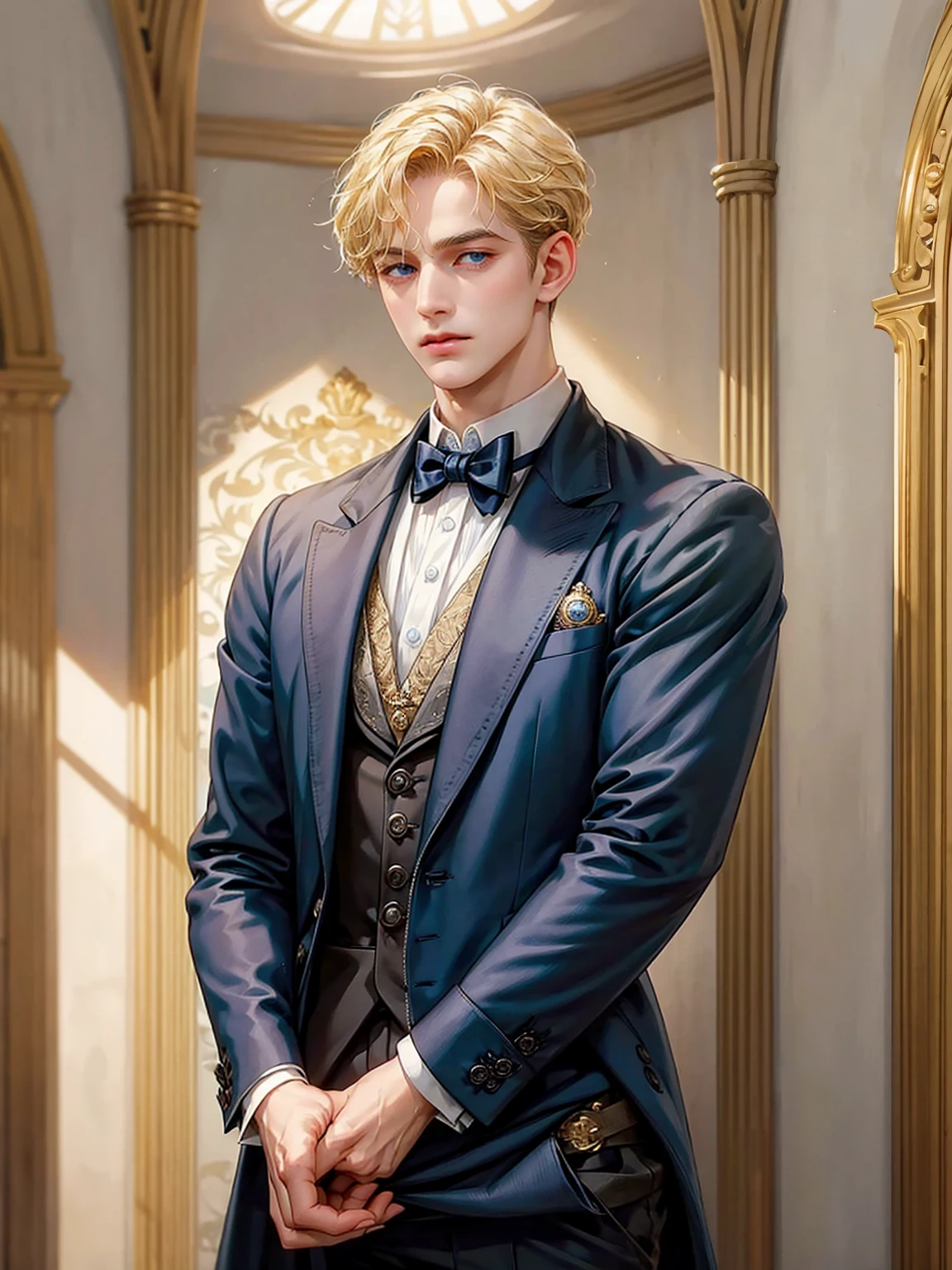 A boy, short blonde hair, wavy hair, sky blue eyes. He wears a Victorian-era man's suit. Handsome boy, detailed eyes, detailed face, detailed hands. He looks at the viewer. He has his hands in his pockets. Background inside of a hall