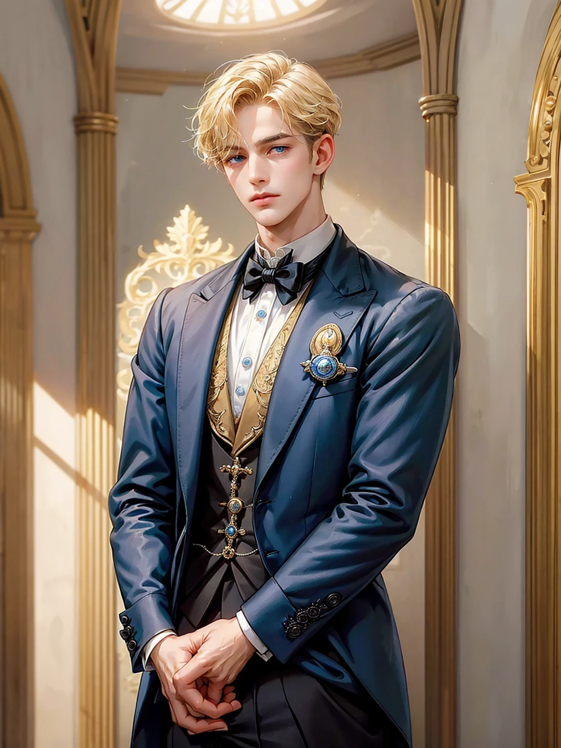 A boy, short blonde hair, wavy hair, sky blue eyes. He wears a Victorian-era man's suit. Handsome boy, detailed eyes, detailed face, detailed hands. He looks at the viewer. He has his hands in his pockets. Background inside of a hall
