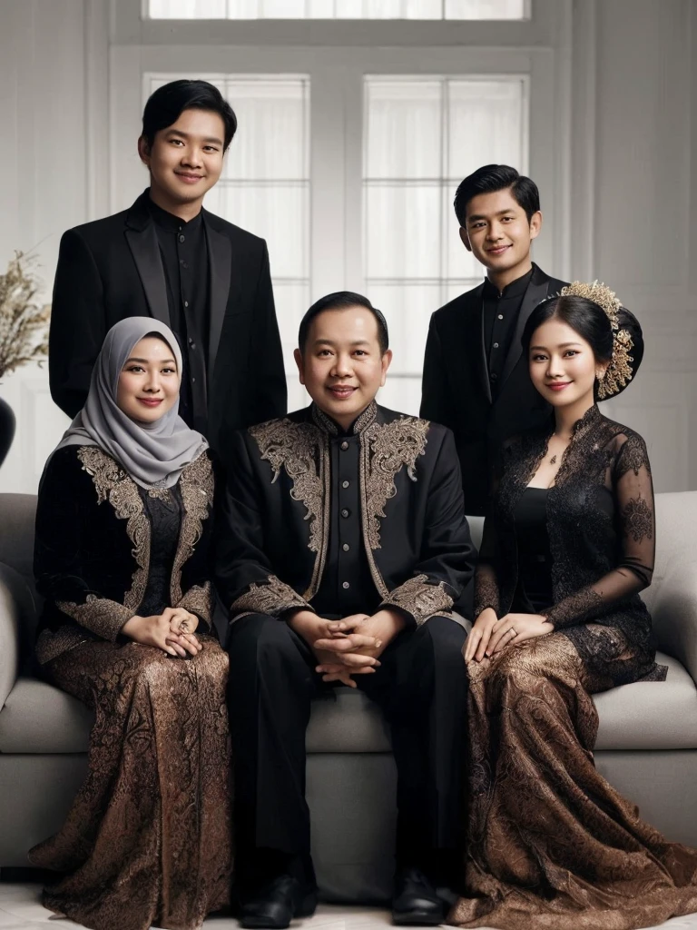 arafed family posing for a picture in formal attire, an indonesian family portrait, barong family, family portrait, full protrait, by Basuki Abdullah, barong family member, happy family, inspired by Basuki Abdullah, potrait, formal attire, portrait shot, protrait, mourning family, in majestic, taken in 2 0 2 0, classic portrait