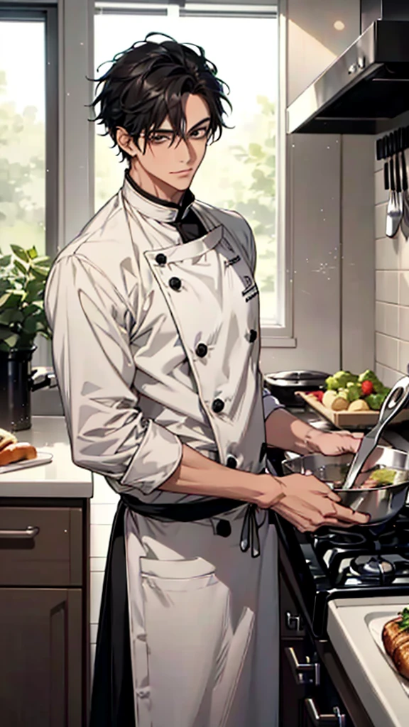 A handsome young man with black hair, dressed in a professional chef's outfit, is standing in a modern kitchen. He is focused and skillfully preparing a delicious dish, with various cooking utensils and ingredients around him. The background features stainless steel appliances and a well-organized kitchen setup, emphasizing his dedication and expertise in the culinary arts.