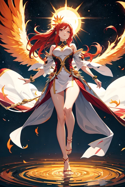 An anime goddess from head to toe with a theme of phoenix and sun, with fiery hair and dress, floating in the surface of the sun