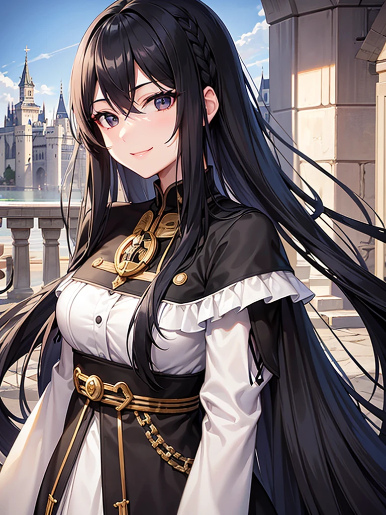 Long black hair、black eye、Female in her early 20s、Face close-up、A kind smile、The background is a castle、Medieval European Dress、accessories