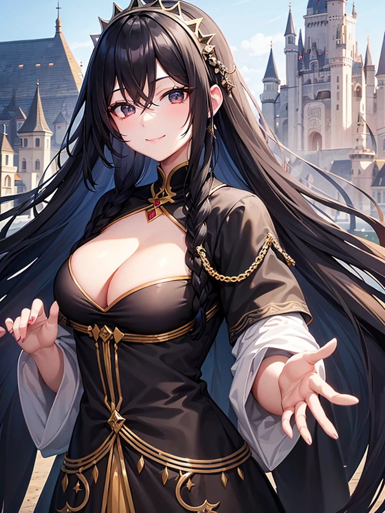 Long black hair、black eye、Female in her early 20s、Face close-up、A kind smile、The background is a castle、Medieval European Dress、accessories