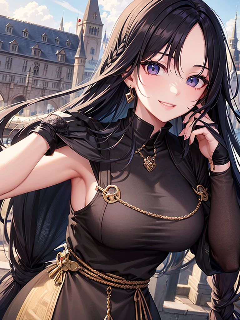 Long black hair、black eye、Female in her early 20s、Face close-up、A kind smile、The background is a castle、Medieval European Dress、accessories