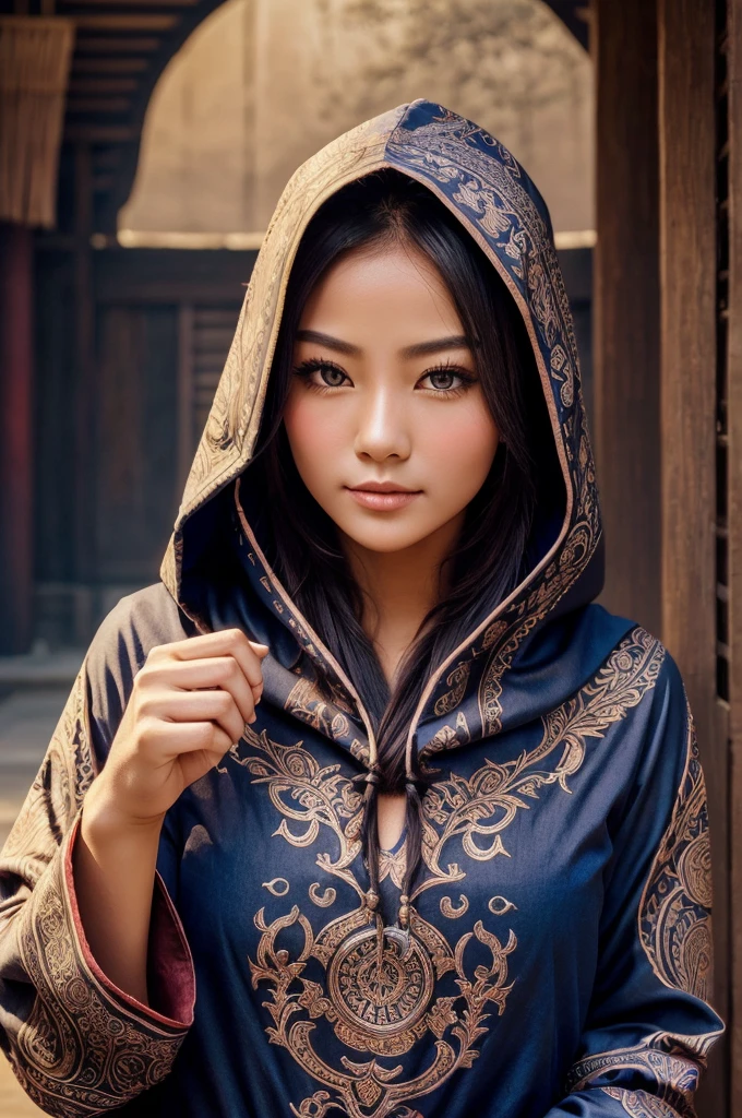 ( beautiful girl)(wears hood)(covers face partially)(thin cloth on face)(ancient Chinese)(wide sleeves)(sword in one hand)(book in another hand)(fire filled eyes)(beautiful)(fully dressed)