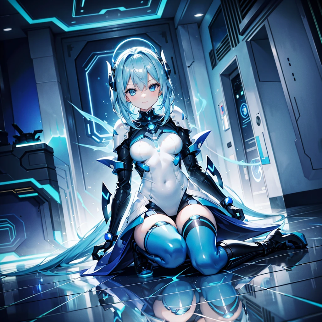 8K, Highest quality, (real:1.4), Original photo, 1 girl, Asari Hair, Biological Amplifier, Very sleek and futuristic armor, posture: Peace talks between warring factions,,attention arousal, smart blue eyes,A modest smile,Knee-high boots,Patent-look blue tights,Blue big moon and blue light swirl in the background,Blue light from behind,blue light magic,A small, glowing blue ball in the palm of your hand,Blue flame swirl,Blue Comet,Polished floor,
