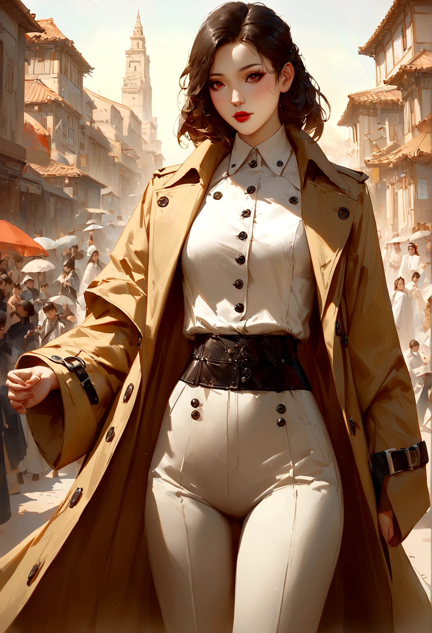 a close up of a woman in a trench coat and pants, artwork in the style of guweiz, by Yang J, ross tran style, Guweiz, by Ren Xiong, realistic. cheng yi, by Yanjun Cheng, sakimichan frank franzzeta, by ruan jia and stanley artgerm, by Ni Tian, by Zhang Han
