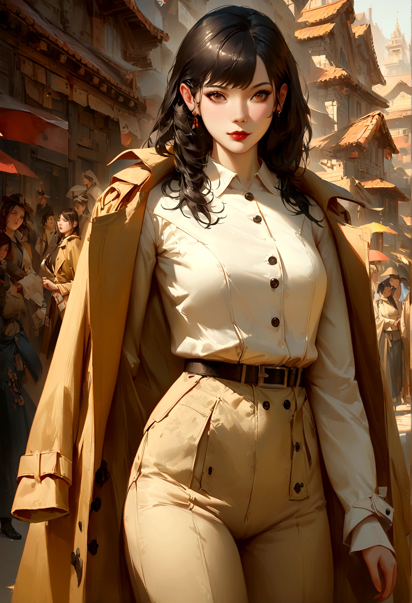 a close up of a woman in a trench coat and pants, artwork in the style of guweiz, by Yang J, ross tran style, Guweiz, by Ren Xiong, realistic. cheng yi, by Yanjun Cheng, sakimichan frank franzzeta, by ruan jia and stanley artgerm, by Ni Tian, by Zhang Han
