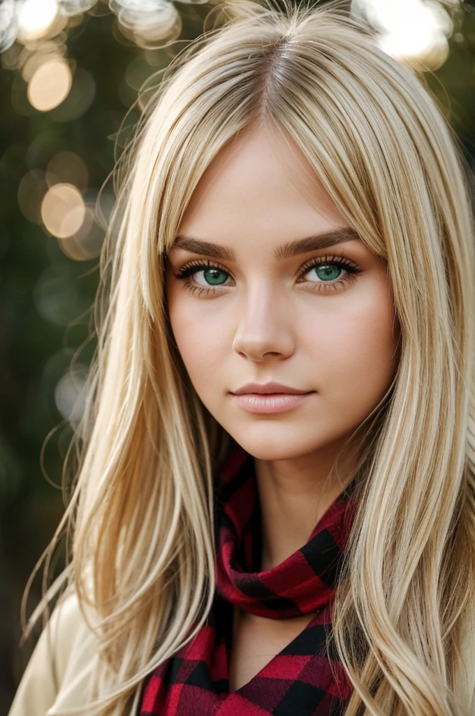 bianca,  17-year-old girl with straight, medium-length blonde hair and bangs covering her forehead. She has a gold leaf accessory on the right side of her hair.. bianca tem grandes olhos verdes com uma expressão curiosa e gentil. Your face is pale with delicate features, including a small nose and thin lips. She is wearing a red plaid scarf and a green coat with a faux fur lining at the collar.. under, appears to be wearing a black blouse. The background must be snow.