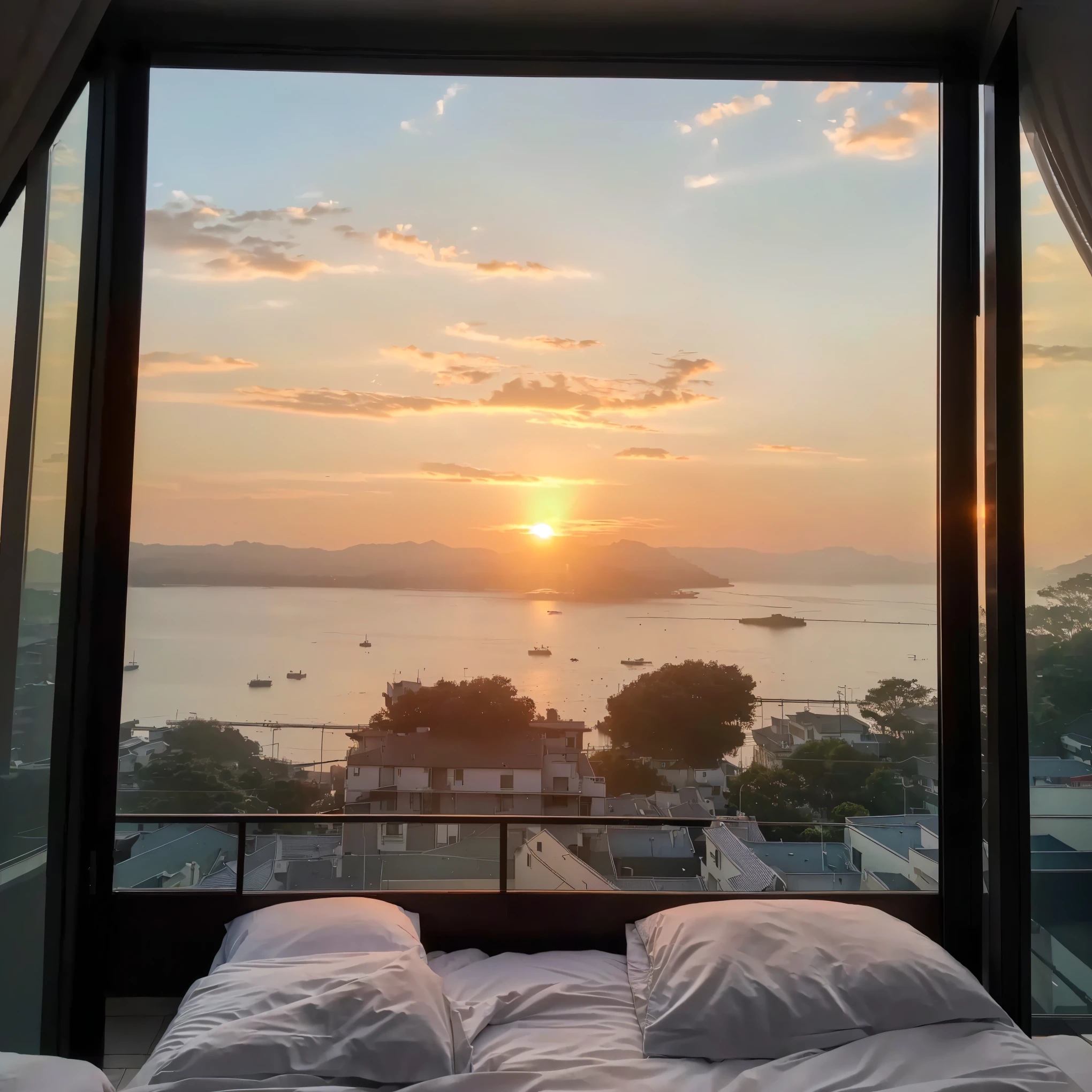 Enjoy the sunset from your bedroom with balcony, 日落Beautiful view, beautiful scenery, Relaxation time. beautiful landscape, Sunrise in the morning, At sunrise, early morning sunrise, beautiful scenery, Prime hour in the morning, Morning atmosphere, Beautiful sunrise, Beautiful view, Beautiful morning, early morning, Epic views, At Dawn, Morning Light, Sunrise adds color to the room