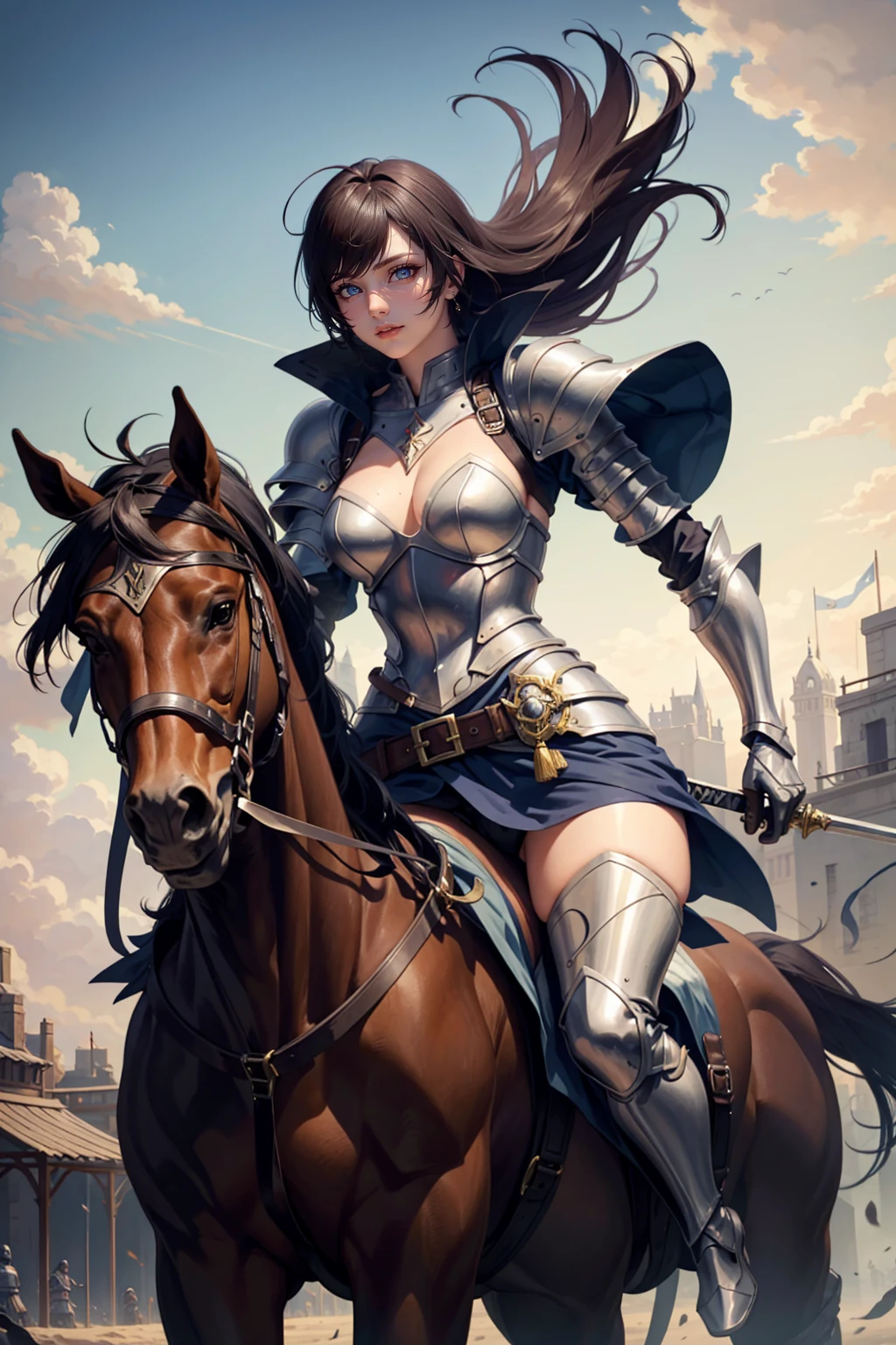 sexy swordsman knight woman riding on a horse on the battlefield