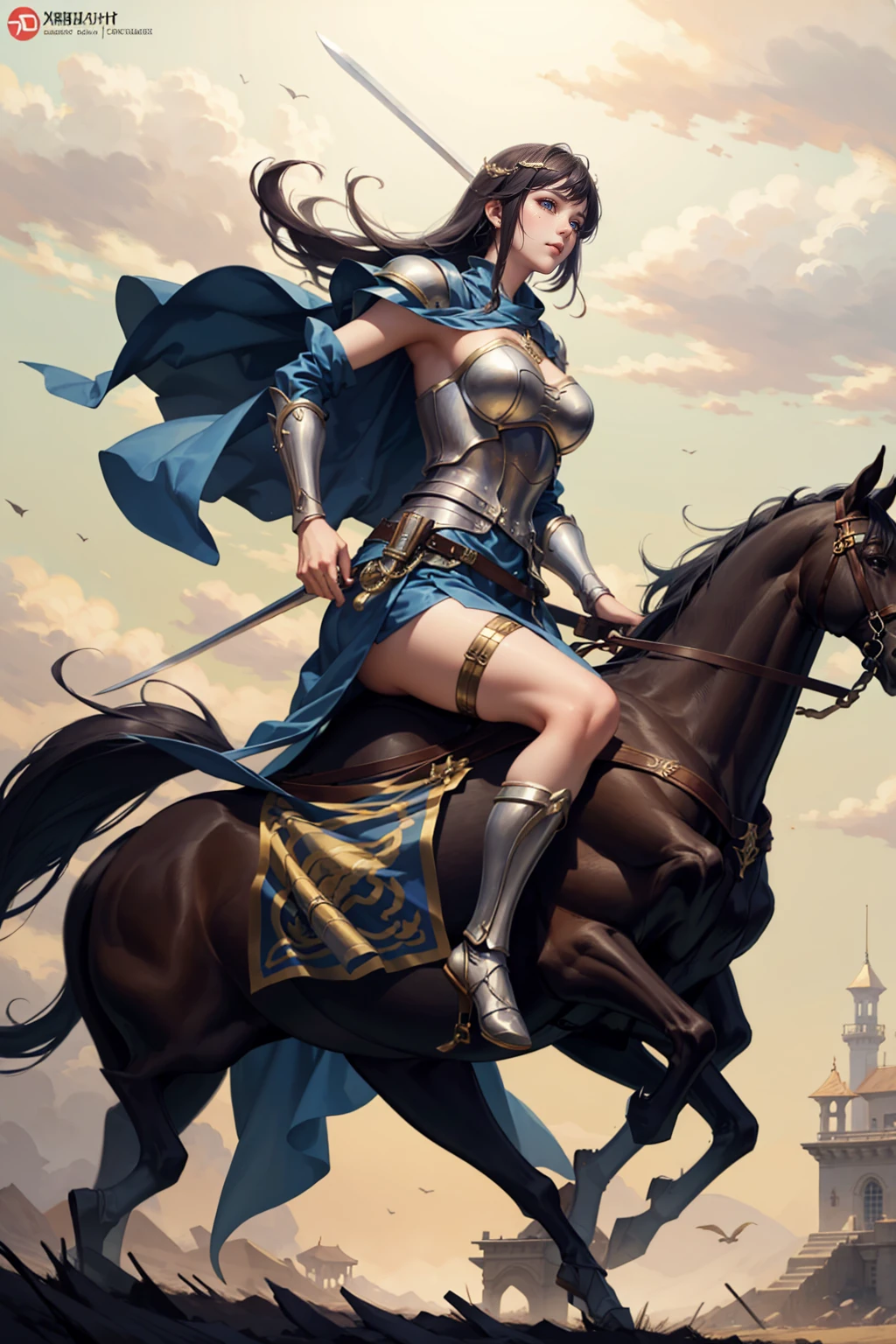 sexy swordsman knight woman riding on a horse on the battlefield