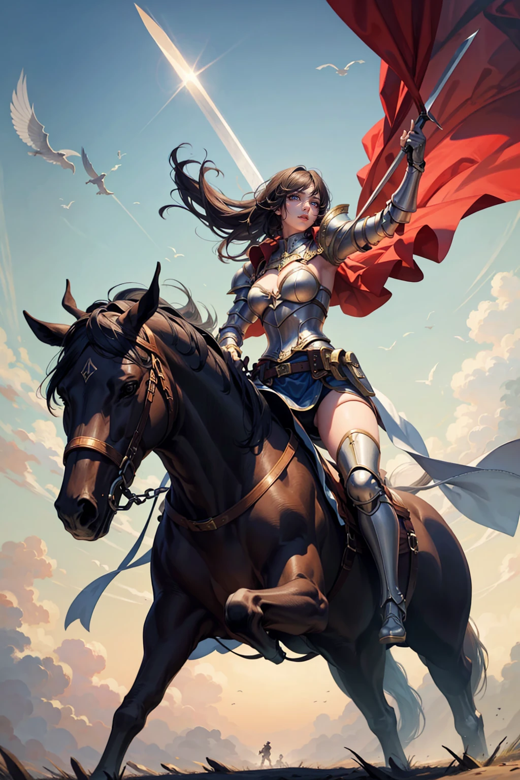 sexy swordsman knight woman riding on a horse on the battlefield