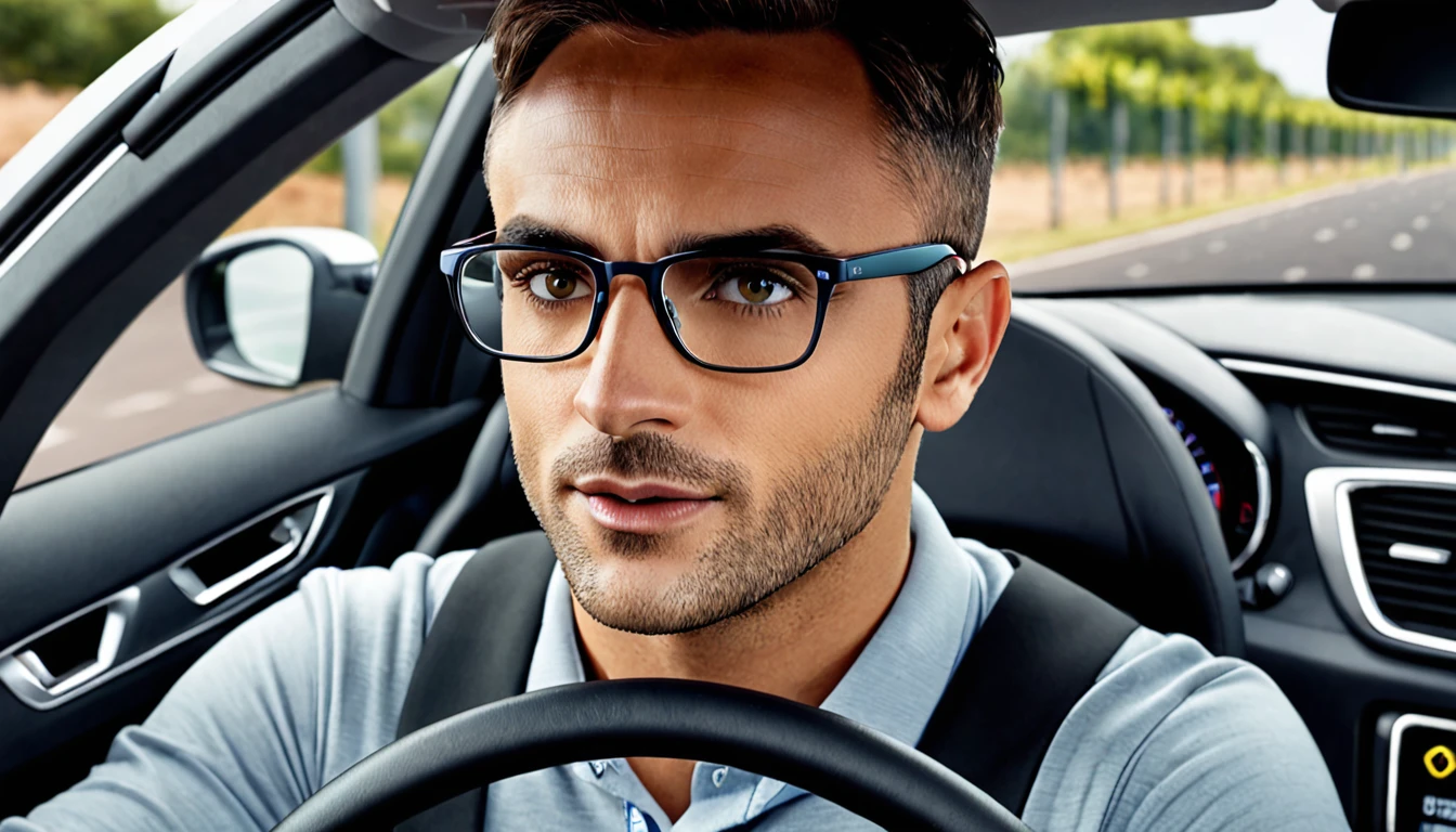 score_9, score_8_up, score_7_up, source_photo, photography, photorealistic, detailed, rating safe, close up, renault megane, driver is wearing glasses, looking at viewer, masterpiece, best quality, 8k,
