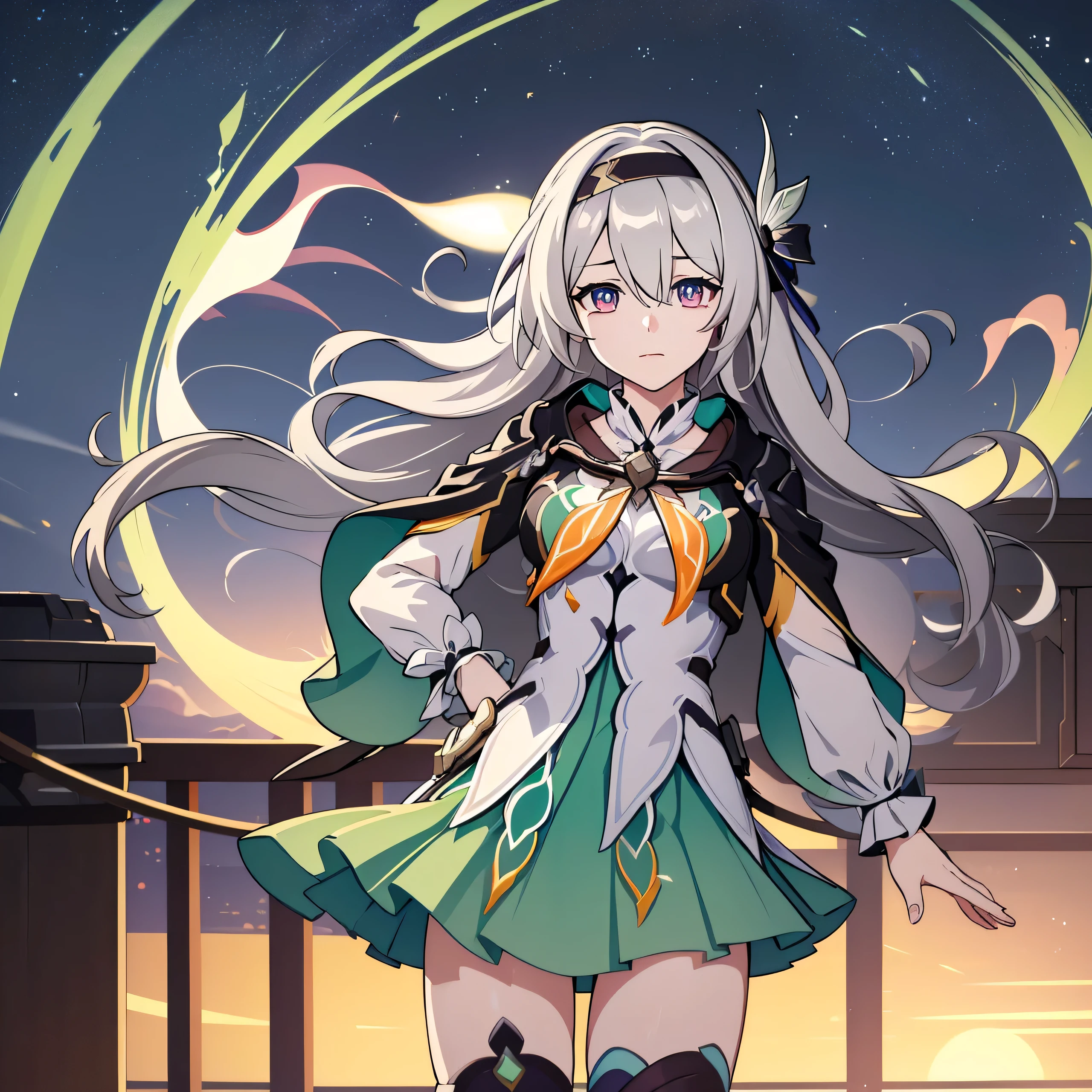 ((8k resolution))、((Highest quality))、((Masterpiece))、((very detailed))((((Amazing))), (Anatomically correct)、((Theme、whole body:1.1)、firefly def, jacket, set, bow, headband, hair accessories, gray hair,  1 girl, alone, gray hair, long hair, hair accessories, black headband, blue and pink gradient eyes, long sleeve, green skirt, green thighs, firefly from honkai star rail,
