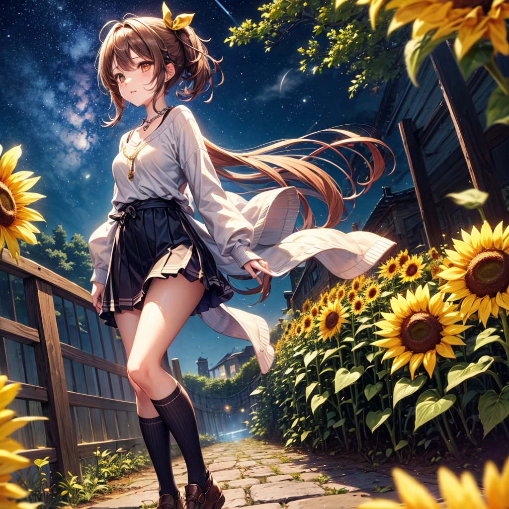 Red, brown, gold, gold hair、Golden Eyes、Hair tied up、One good looking girl、solo、anime、Checkered mini skirt、Ruffles on the skirt、camisole、Lightweight cardigan、school uniform、Black knee-high socks、Wearing a baseball cap、Ribbon、Ribbon on waist、Teeth are visible、Silver coin necklace、From above、Sunflower Tunnel、Cobblestones、waterfall、Have sunflowers、Starry Sky、Midnight Moon、Winding Road、Unlocking、suspension bridge、Soap bubbles are flying、mosquito、beam