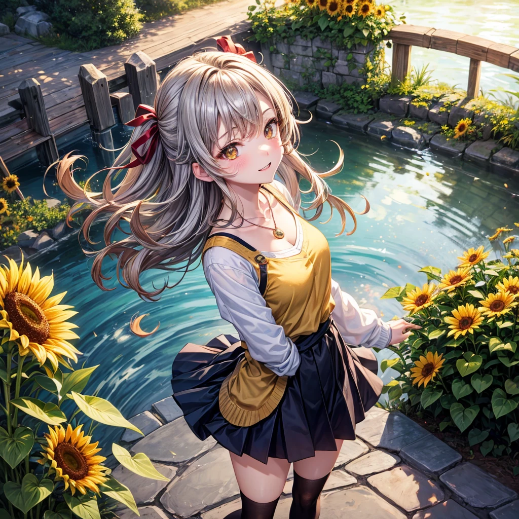 Red, brown, gold, gold hair、Golden Eyes、Hair tied up、One good looking girl、solo、anime、Checkered mini skirt、Ruffles on the skirt、camisole、Lightweight cardigan、school uniform、Black knee-high socks、Wearing a baseball cap、Ribbon、Ribbon on waist、Teeth are visible、Silver coin necklace、From above、Sunflower Tunnel、Cobblestones、waterfall、Have sunflowers、Starry Sky、Midnight Moon、Winding Road、Unlocking、suspension bridge、Soap bubbles are flying、mosquito、beam