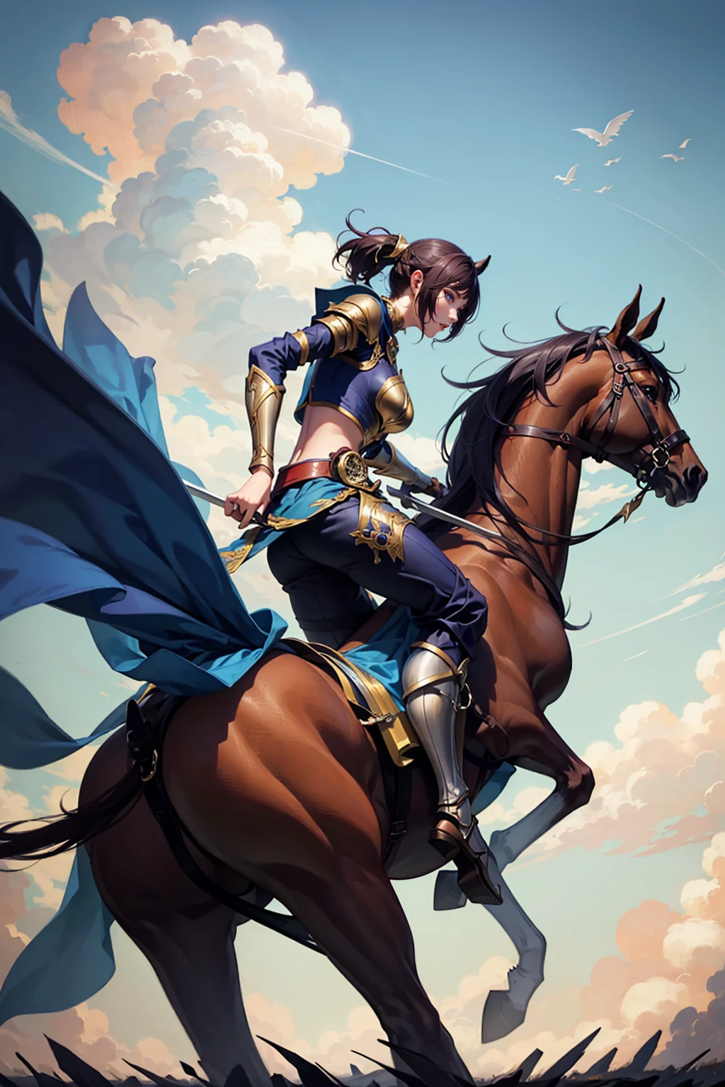 sexy swordsman knight woman riding on a horse on the battlefield