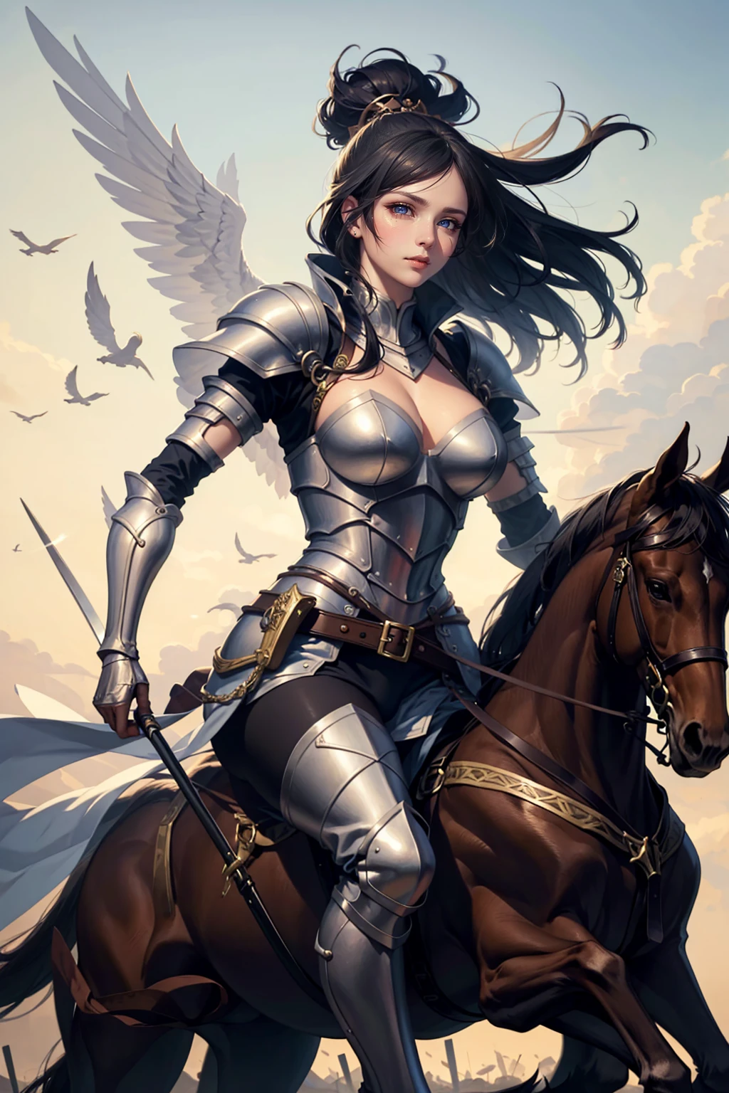 sexy swordsman knight woman riding on a horse on the battlefield