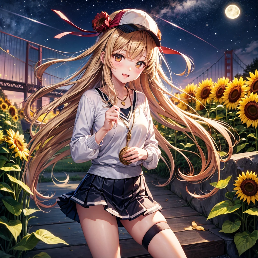Red, brown, gold, gold hair、Golden Eyes、Hair tied up、One good looking girl、solo、anime、Checkered mini skirt、Ruffles on the skirt、camisole、Lightweight cardigan、school uniform、Black knee-high socks、Wearing a baseball cap、Ribbon、Ribbon on waist、Teeth are visible、Silver coin necklace、From above、Sunflower Tunnel、Cobblestones、waterfall、Have sunflowers、Starry Sky、Midnight Moon、Winding Road、Unlocking、suspension bridge、Soap bubbles are flying、mosquito、beam