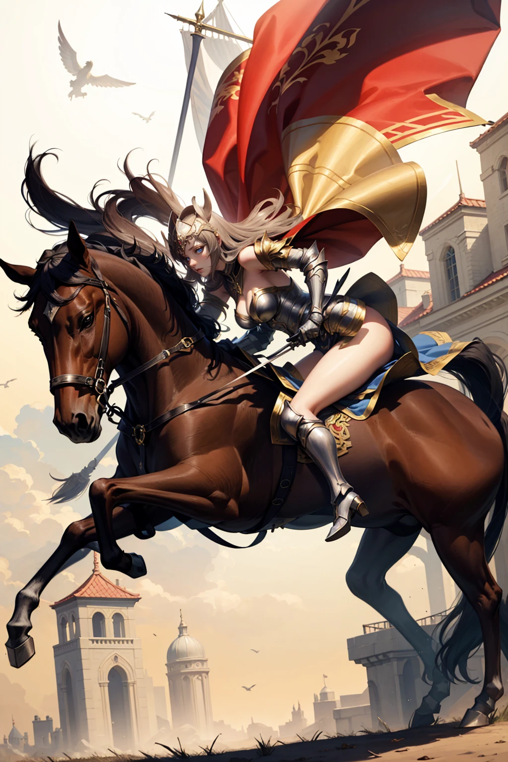 sexy swordsman knight woman riding on a horse on the battlefield