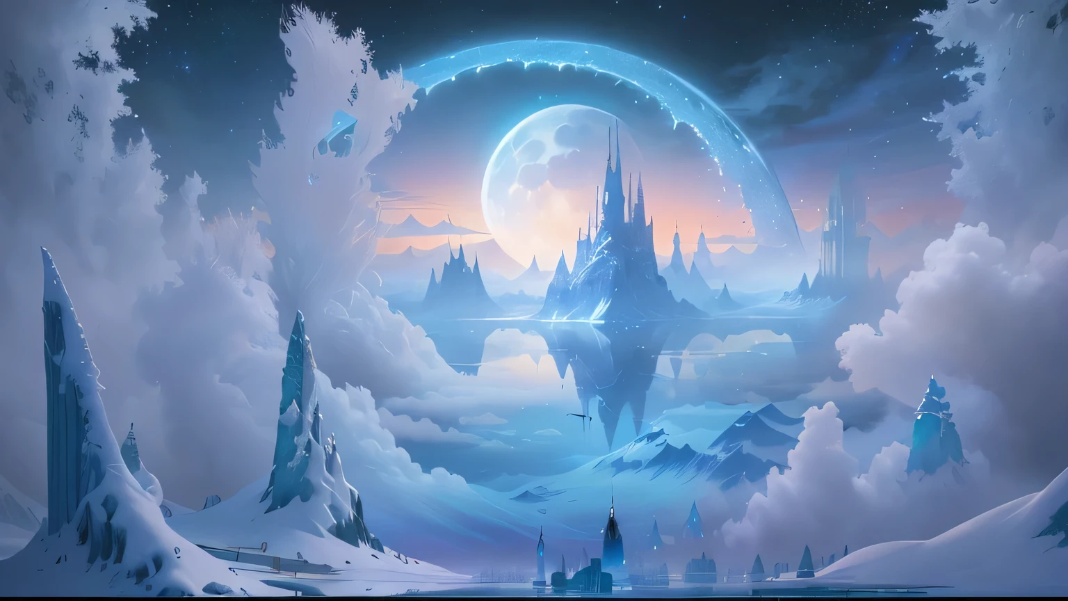 There is a painting,There is a moon in the painting,There is a snowy view, 4k highly detailed digital art, impressive Fantasy Landscape, symmetrical Fantasy Landscape, Detailed fantasy digital art, Sci-fi fantasy wallpaper, Surreal frozen landscape, Detailed Dreams, Fantasy Landscape, Fantasy Background, epic dreamlike Fantasy Landscape, mystical Fantasy Landscape, Fantasy Planet, Beautiful and detailed fantasy, Fantasy Landscape