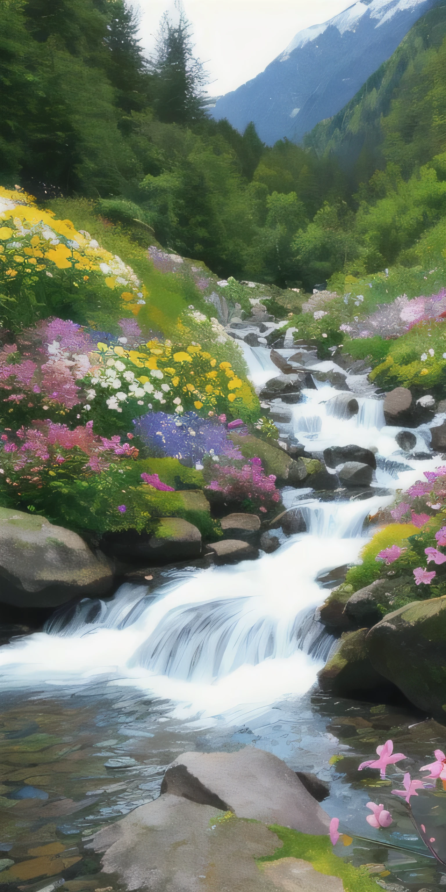Create an image of beautiful flowers accompanied by a mountain stream. The scene should feature a variety of colorful flowers in full bloom, such as wildflowers, lilies, and roses, in a lush, green setting. A clear, sparkling stream flows through the scene, originating from the mountains in the background. The water is crystal clear, reflecting the sunlight. The atmosphere is peaceful and natural, with the sound of flowing water and the fragrance of fresh flowers filling the air."