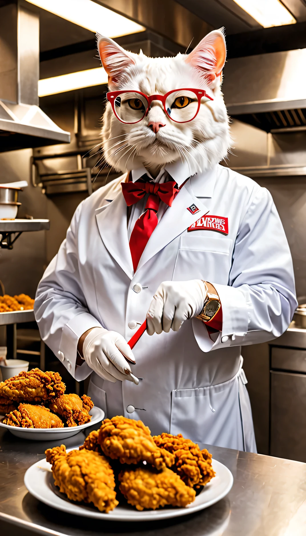 A white cat dressed as Colonel Sanders, the founder of Kentucky Fried Chicken, wearing glasses and frying chicken in a KFC kitchen.