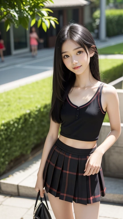 Tabletop,(Top Quality),(Masterpiece) Realistic, Realistic ,Highly Detailed, Finely Detail ,High Resolution,8k Wallpaper ,,Anatomically correct body, symmetrical eyes ,,A cute girl,(Asian girl:1.4),(13 years old:1.4),(Black hair:1.3),(Straight long hair:1.4),(Skinny:1.3),Height 150cm,She is short,(Light colored tank top, Tartan mini skirt),Sharp focus, Perfect dynamic composition, Fine and beautiful eyes, Slender body,(Small chest:1.4),(Small chest:1.4),(Small chest:1.4),(Small chest:1.4),Thin hair, Detailed and realistic skin texture, Smiling face, Standing pose,(Above knees:1.4),Summer park, Bright sunlight