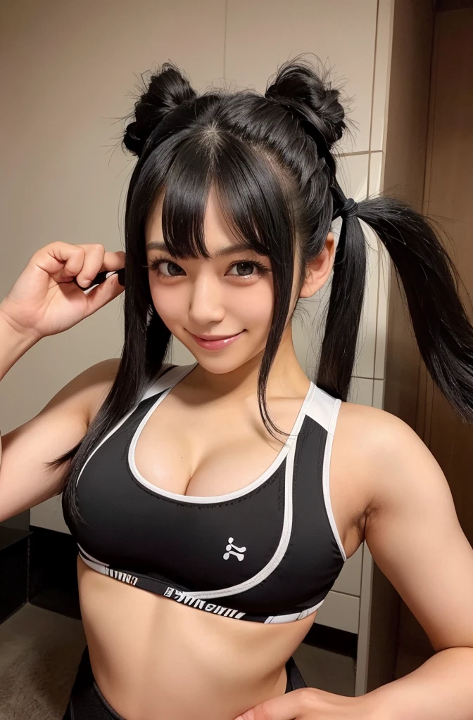 (vulgar),Just the right kind of 25-year-old japanese、black Hair Color,seductive grin smug,close mouth,twin tail,sports bra,big nipple