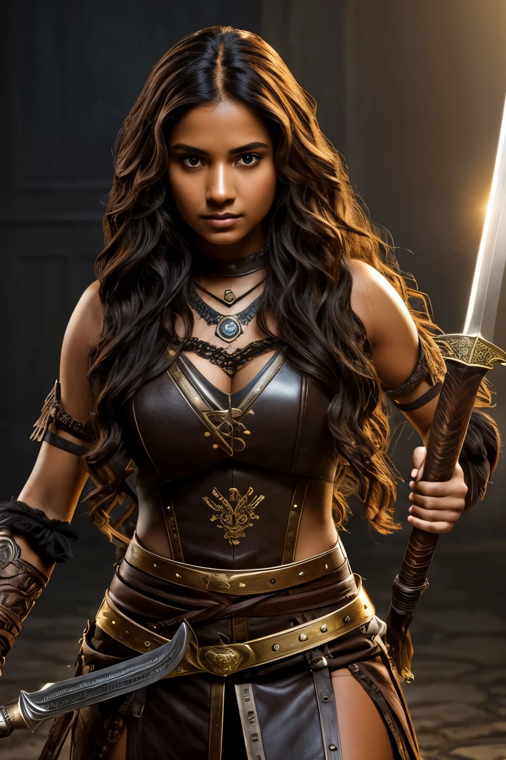 brown woman, black wavy hair parted to the side light brown eyes warrior outfit and with a sword