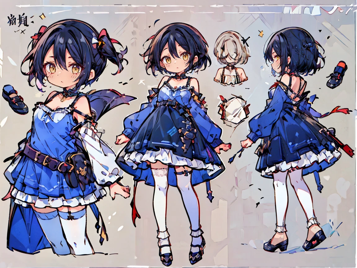 (((three-sided view, front view, side view, back view, multiple views, multiple poses and expressions, many parts)), concept art, character concept art, character sheet, Full body, illustration, (simple background, gray background), 1 character, 1girl, fantasy art:1.1), (hui xiyi:0.7), rekkyo sensen, rekkyou sensen, girls with((black hair, bangs, (one side up, long wavy hair, ribbon:1.55), (exposed breasts, tits cleavage, breasts close up:1.2), dress((suspenders, dress, belt, nun:1.15), (blue clothes, frills shirt, (white knit sweater:1.25), (camisole and camisole dress and frills dress and frills skirt, wind blowing dress:1.35), long sleeves, (white legwear:1.55), thighhighs, black footwear, strap shoes, pumps:1.42))