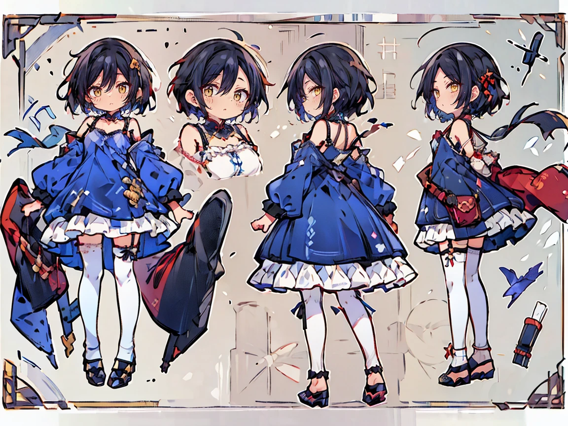 (((three-sided view, front view, side view, back view, multiple views, multiple poses and expressions, many parts)), concept art, character concept art, character sheet, Full body, illustration, (simple background, gray background), 1 character, 1girl, fantasy art:1.1), (hui xiyi:0.7), rekkyo sensen, rekkyou sensen, girls with((black hair, bangs, (one side up, long wavy hair, ribbon:1.55), (exposed breasts, tits cleavage, breasts close up:1.2), dress((suspenders, dress, belt, nun:1.15), (blue clothes, frills shirt, (white knit sweater:1.25), (camisole and camisole dress and frills dress and frills skirt, wind blowing dress:1.35), long sleeves, (white legwear:1.55), thighhighs, black footwear, strap shoes, pumps:1.42))