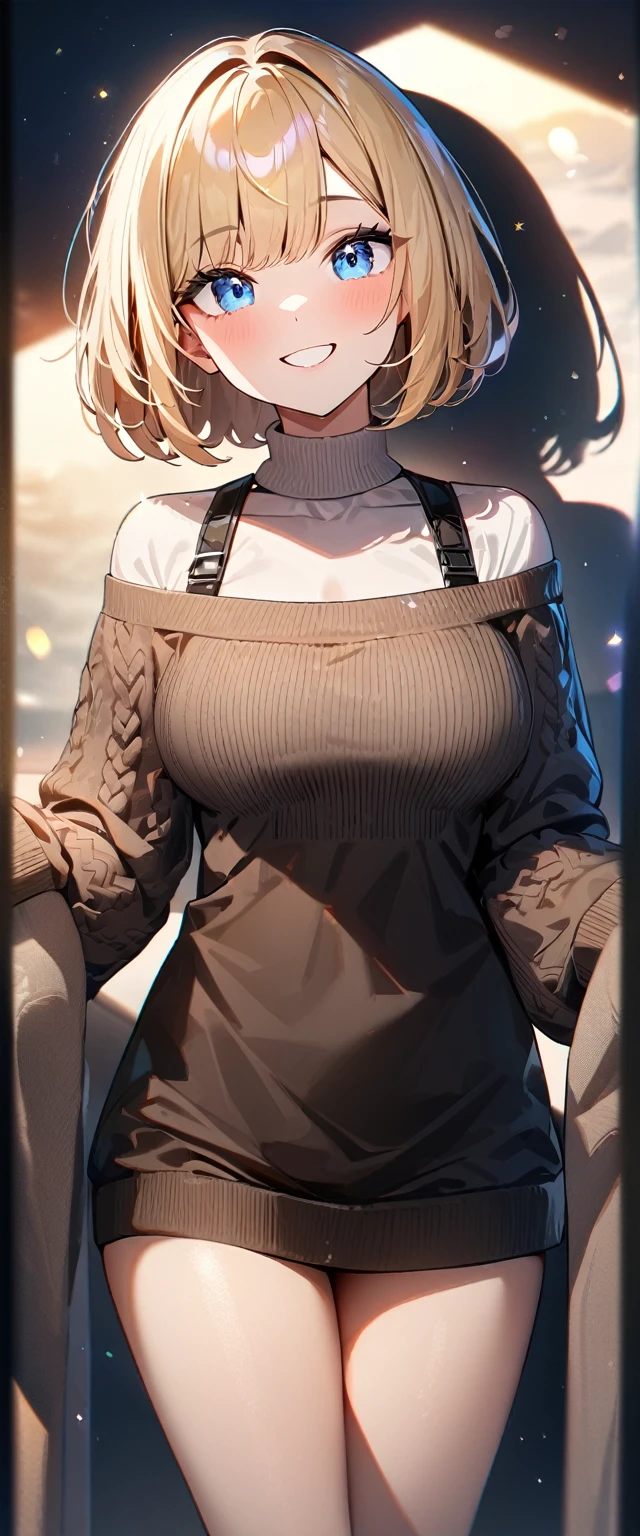 (((One girl))), ((beach)), noon, blond hair, bob cut, breasts, from front, (cowboy shot), standard body, (looking at viewer), ((off-shoulder {black} knit sweater, Quite thick shoulder straps, sleeves past wrists)), juliet_sleeves, teenager, head tilt:1.3, (((blue eye))), ((happy smile)), anime style, (best quality, 4k, 8k, highres, masterpiece:1.2, ultra-detailed, ultra-detailed eyes, HDR, UHD, studio lighting, ultra-fine painting, sharp focus, physically-based rendering, extreme detail description, professional, vivid colors, bokeh), ((Highest quality, Best image quality, Ultra-high resolution, Ultra-high resolution, solo, Strong eye highlights)), Depth of written boundary, Natural soft light, attractive, Beautiful Face, Cleanliness, Pure Face, nedium chest, Beautiful Face, Perfect Fingers, Perfect hands, Perfect body, Perfect Face, Shine a light into your eyes, Perfect Anatomy
