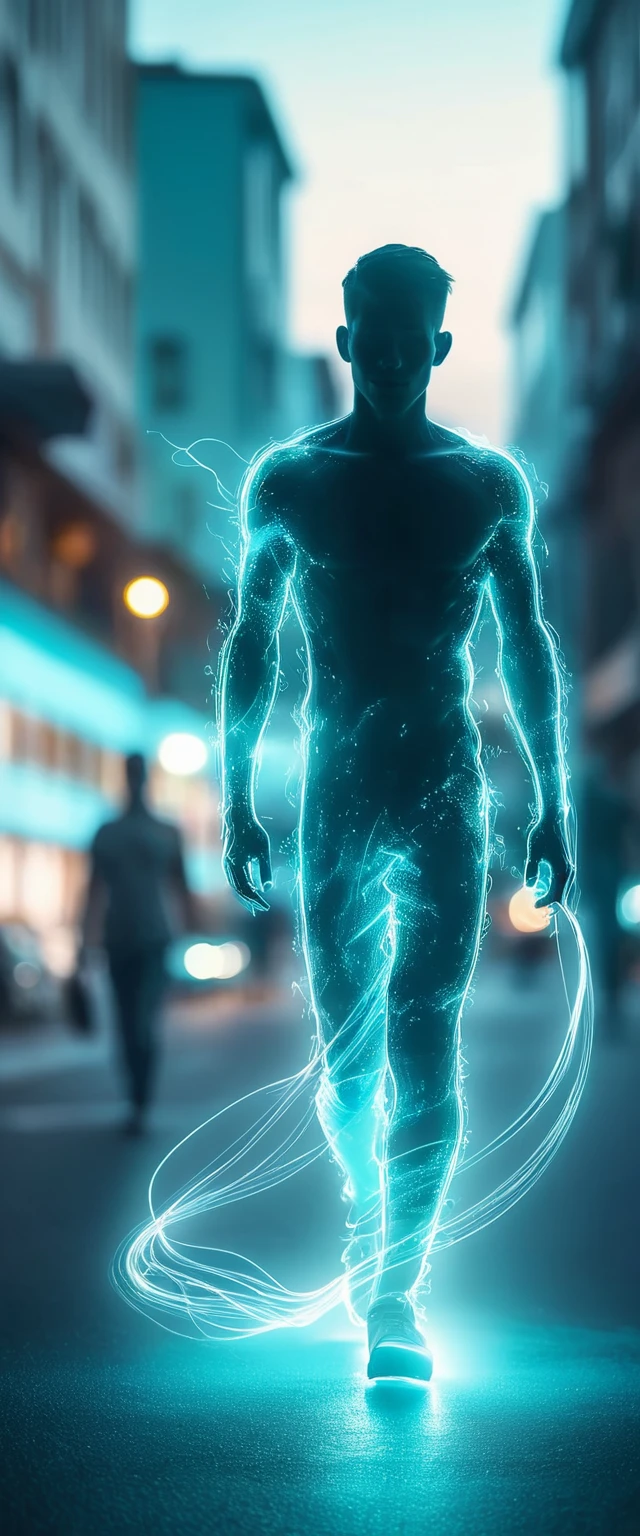 gradient siver and cyan light painting. Afterimage.city boy walking,side view,side face, Long exposure.Panning shot. halo bokeh. City street. Walking people. 3D rendering. Cinematic lighting,hyper detail
