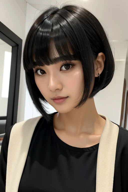 a close up of a woman in a black top and a black jacket, ela tem cabelo preto with bangs, hime black haircut, ulzzang, korean, with short hair with bangs, with short hair, dilraba dilmurat, garota gótica korean cruel, white hime cut hairstyle, hair styled like bangs, with bangs, korean symmetrical face