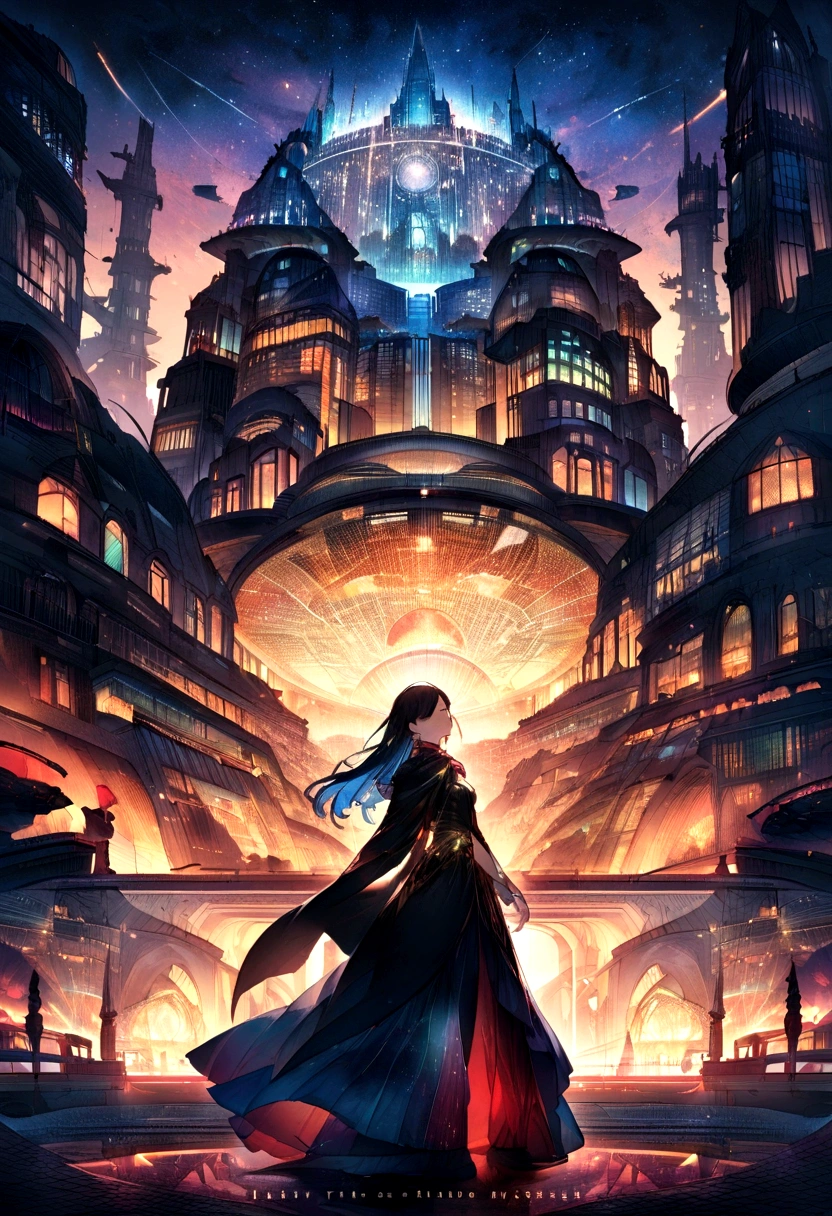 Design an interesting science fiction cover. Scene depicting futuristic city in the morning, Glittering skyscrapers and flying cars crisscross the dark sky.. Center of cover, The two protagonists are looking out at the city from a terrace., They exchange looks full of hope and mystery.. Book title, "Beyond the Horizon," The text is displayed in elegant font that blends in with the city lights.. The color palette is mainly made up of dark blues, crimson, Neon Details. this is、It is a portrait of the relationships of the characters and the possibilities of the surrounding world. Detailed digital illustration, --16 pieces:9 - V5.