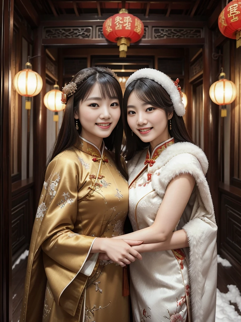 fluffyの毛皮。fluffy。((Gorgeous and antique Chinese dress))(smile)(((Pair of women、snow、night)))。ancient China。Arms outstretched、Armpits。Photos of women in dresses。Brown fur cape。Fisheye Lenultiple women。