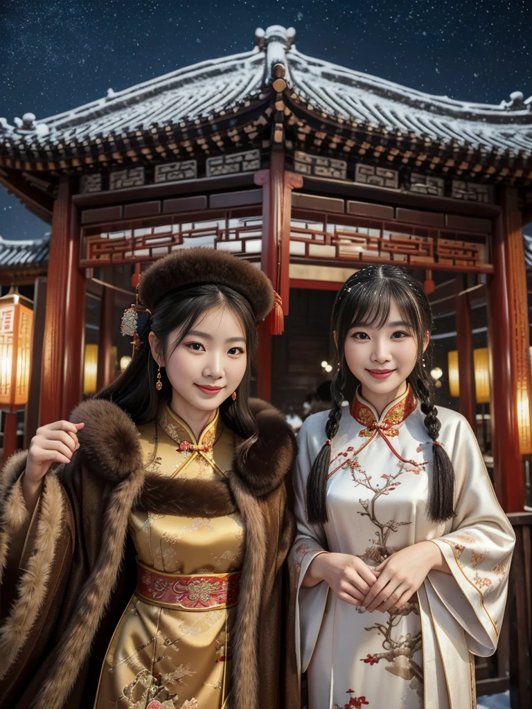 fluffyの毛皮。fluffy。((Gorgeous and antique Chinese dress))(smile)(((Pair of women、snow、night)))。ancient China。Arms outstretched、Armpits。Photos of women in dresses。Brown fur cape。Fisheye Lenultiple women。