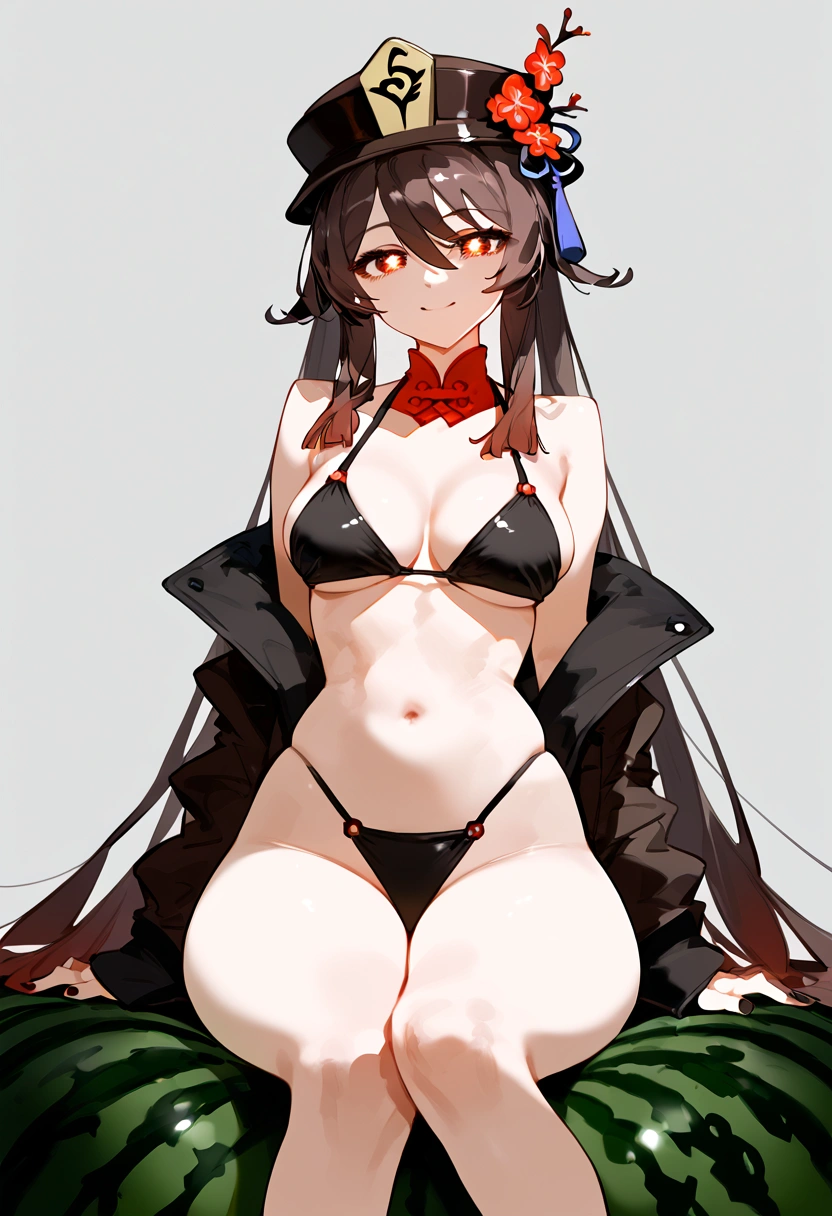 anime artwork, score_9, score_8_up, score_7_up, score_6_up, score_5_up, score_4_up, hu tao, she is 24 years old, style_3, gray background, , , , , _, smile, sit, watermelon between thighs, she crushing him with thighs, solo, bikini