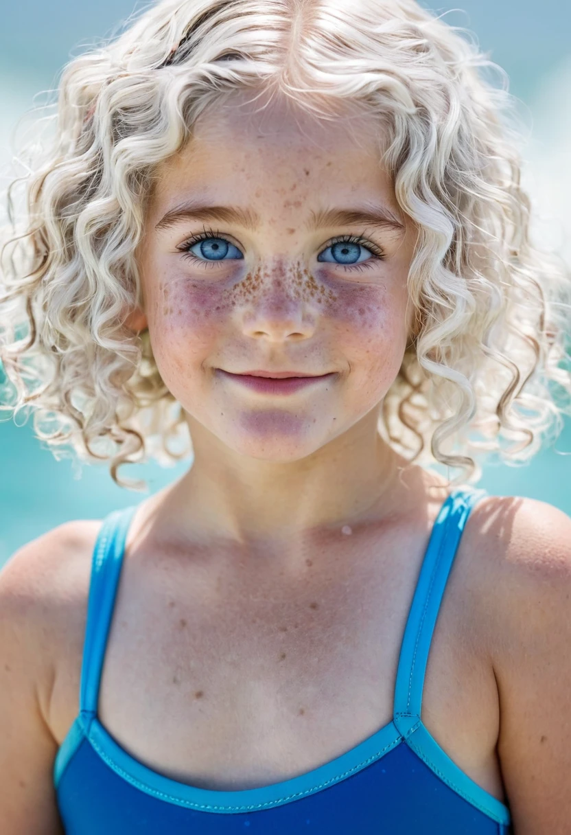An eight year old girl, bee, white hair, short and curly, blue eyes and freckles, short swimsuit