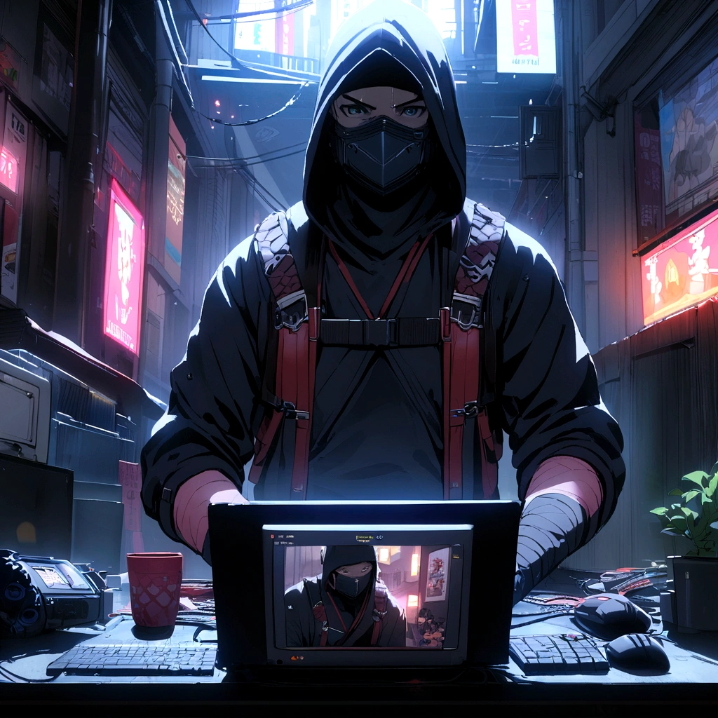 A urban ninja with a sweat hood and a mask of a oni 隠 who play on a pc at a video game