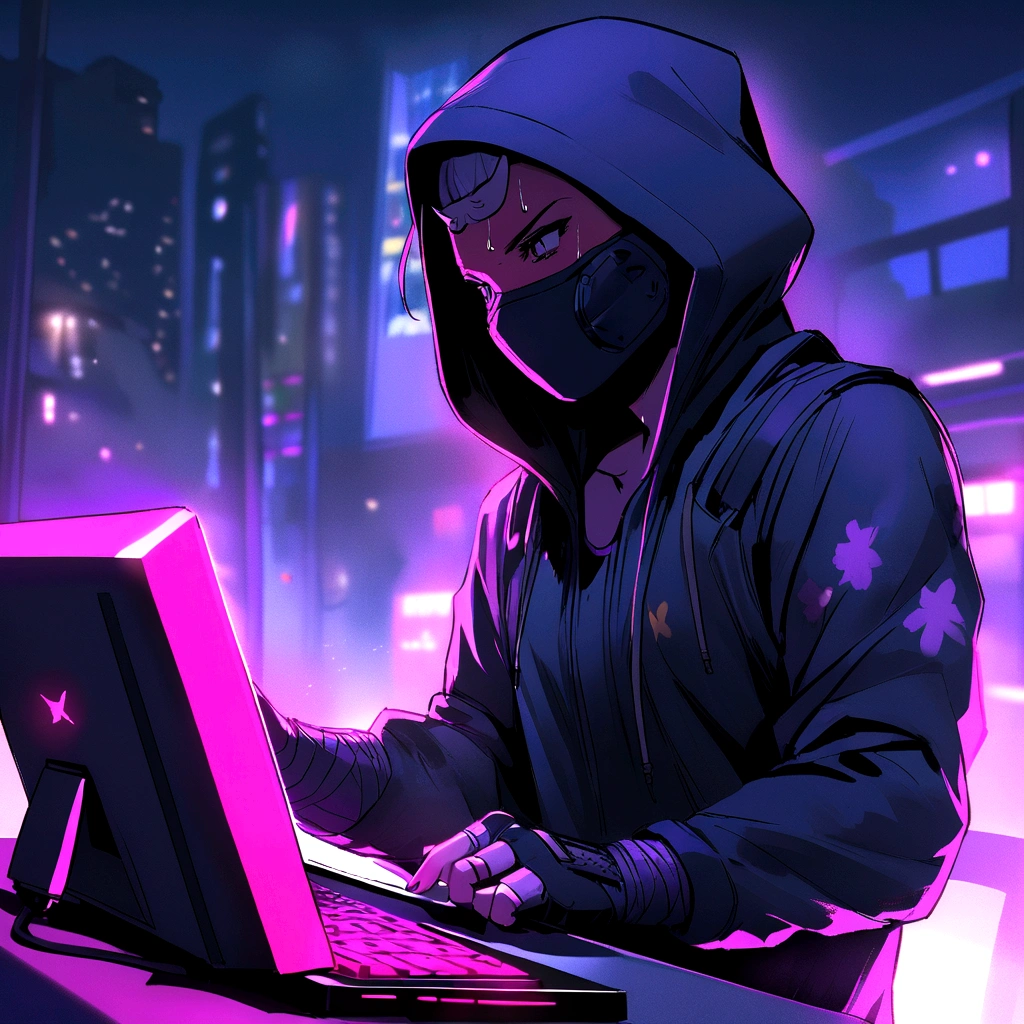 A urban ninja with a sweat hood and a mask of a oni 隠 who play on a pc at a video game