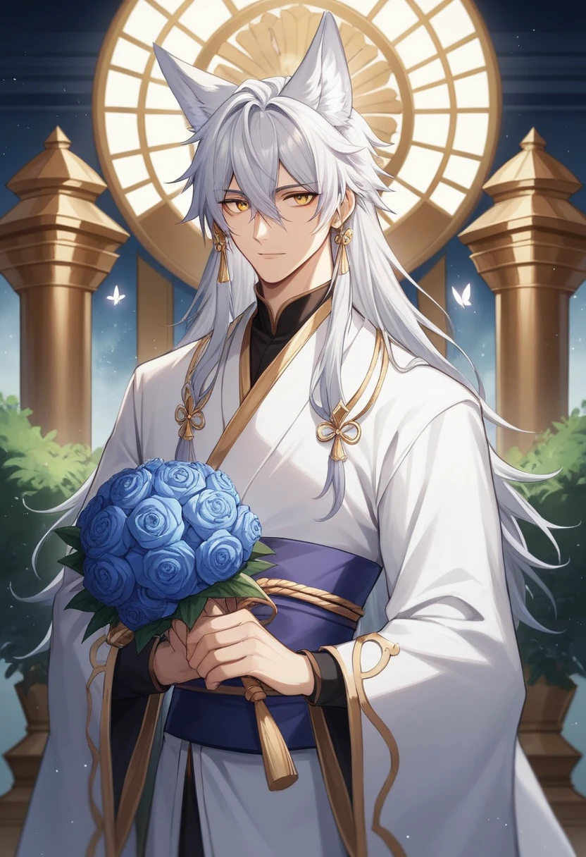 ((masterpiece, Highest quality)),miyabi, A highly detailed, anime-inspired illustration of a beautiful male character with long, flowing straight silver hair, with long side locks, and sharp golden eyes. He has white fox ears on his head, exuding a mystical and enchanting aura. He is wearing a white kimono with gold patterns, a light purple obi with a silver butterfly ornament. He is tall and well-built. The character is holding a large bouquet of flowers. The setting is a royal palace garden at night, with a serene and captivating mood. Soft lighting highlights the delicate features and smooth texture of his hair, enhancing the overall enchanting atmosphere. The image should be in 4K resolution, masterpiece quality, and of the highest standard.